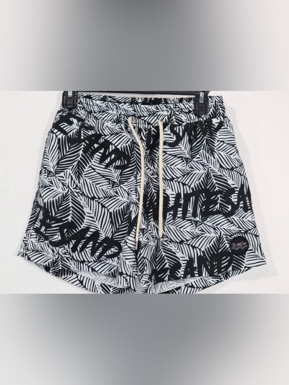 Men's Black & White Tropical Print Swim Shorts with Drawstring